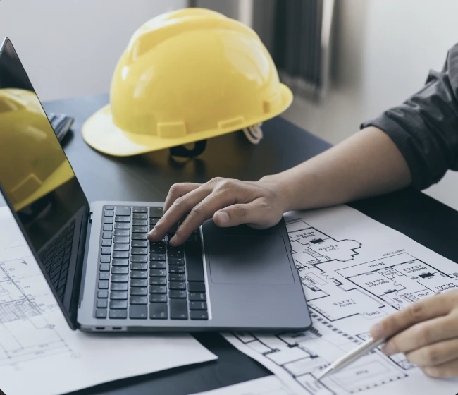 Architect reviewing blueprints on a laptop with a hard hat on the desk
