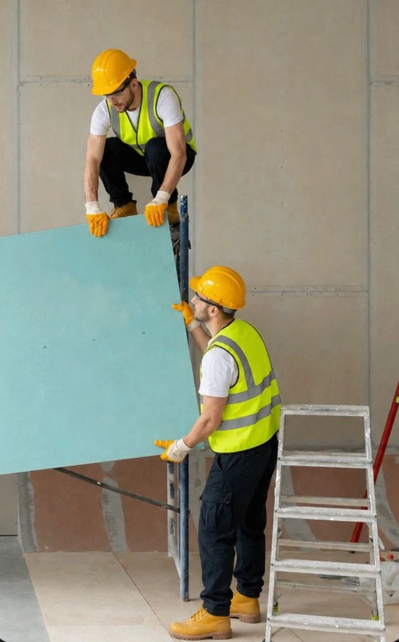 Construction workers installing a wall panel on site