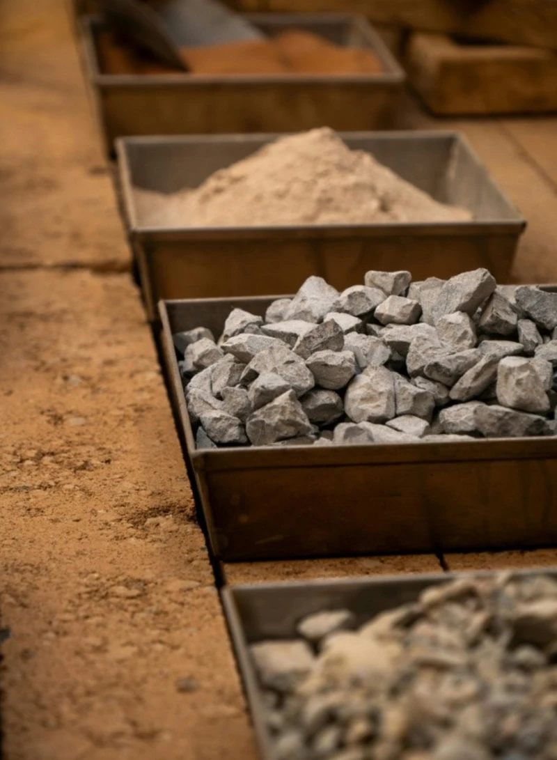 Construction material samples in metal trays